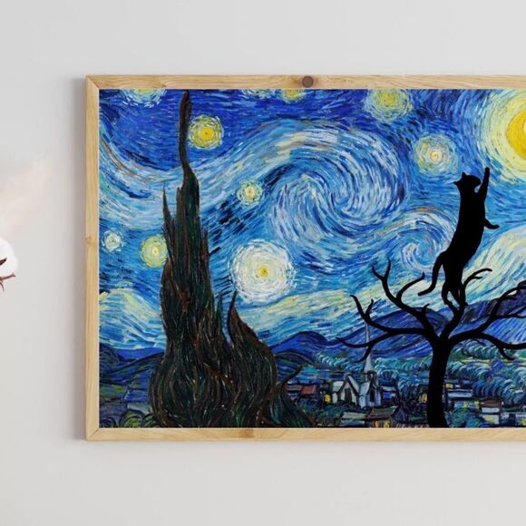 Van Gogh Starry Night Black Cat Print - Picture 2 of 4
